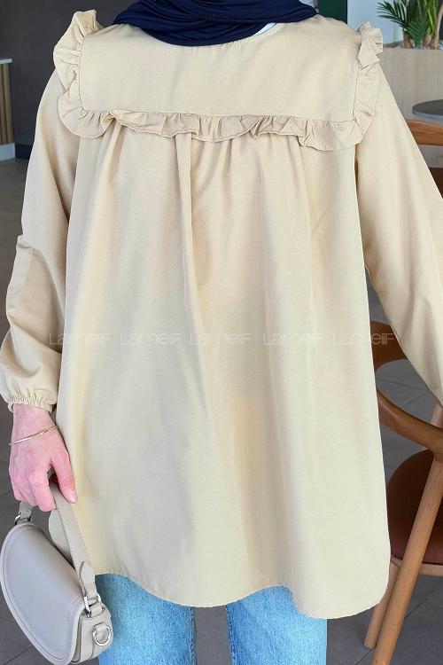 Lamelif Bisiklet Yaka Omuz Fırfırlı Tunik Bej