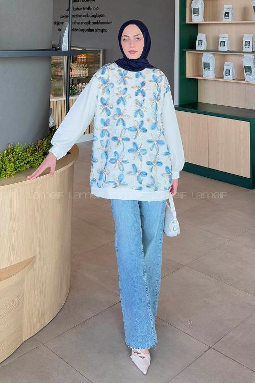 Lamelif Çiçekli İki İplik Tesettür Sweat Mavi