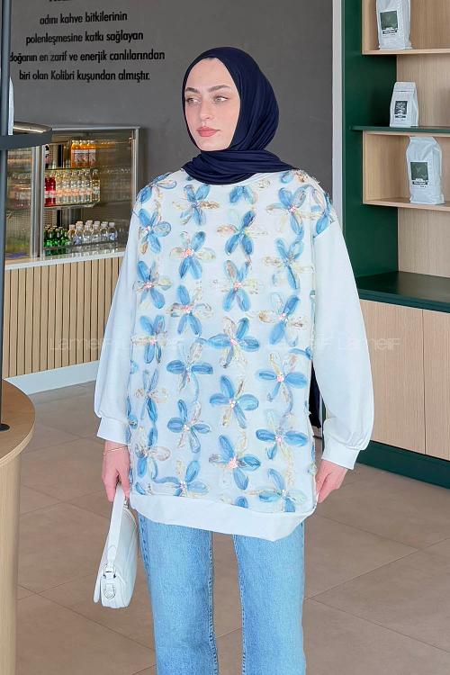 Lamelif Çiçekli İki İplik Tesettür Sweat Mavi