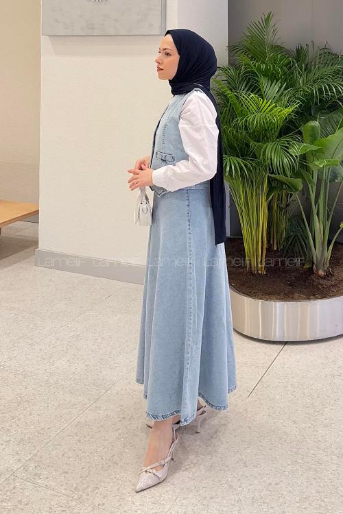 Lamelif Denim Yelek-Etek İkili Tesettür Takım Buz Mavisi