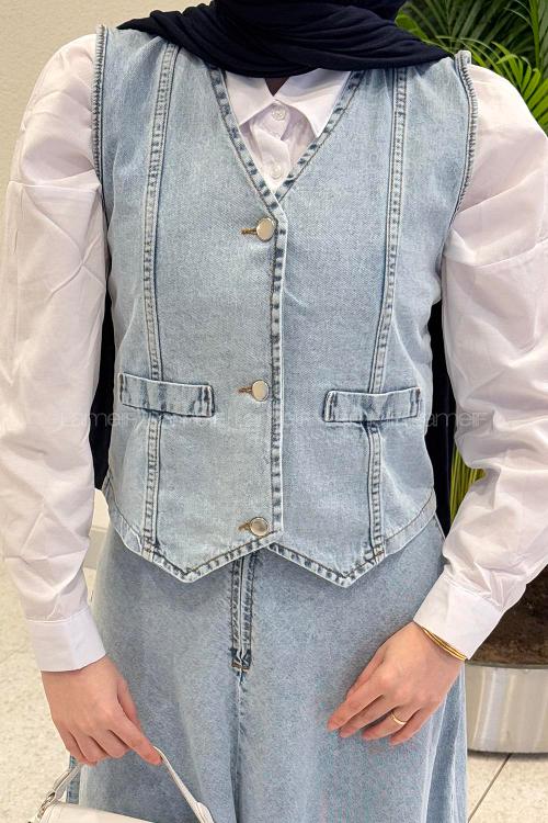 Lamelif Denim Yelek-Etek İkili Tesettür Takım Buz Mavisi