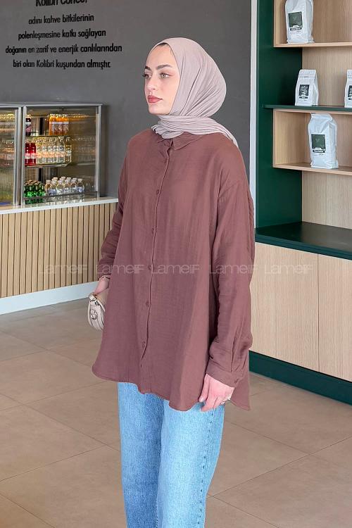 Lamelif Müslin Tesettür Gömlek Acı Kahve