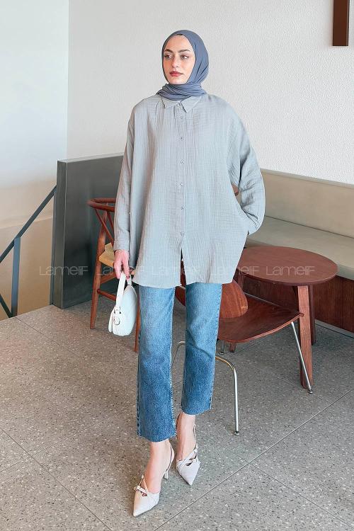 Lamelif Müslin Tesettür Gömlek Gri