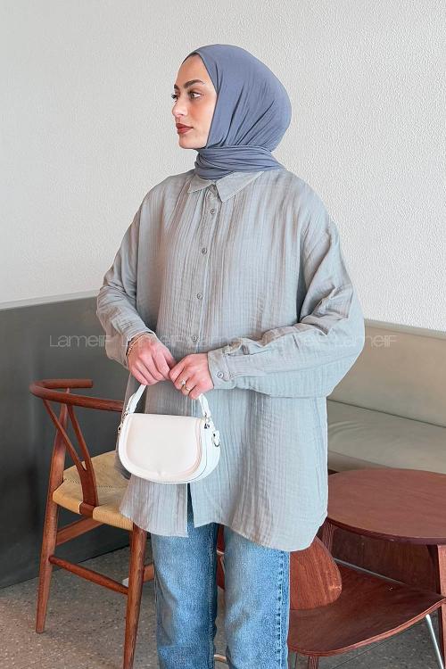 Lamelif Müslin Tesettür Gömlek Gri