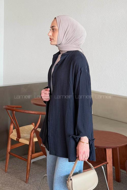 Lamelif Müslin Tesettür Gömlek Lacivert
