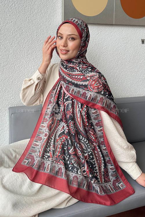 Lamelif Retro Desen Pamuk Şal Bordo