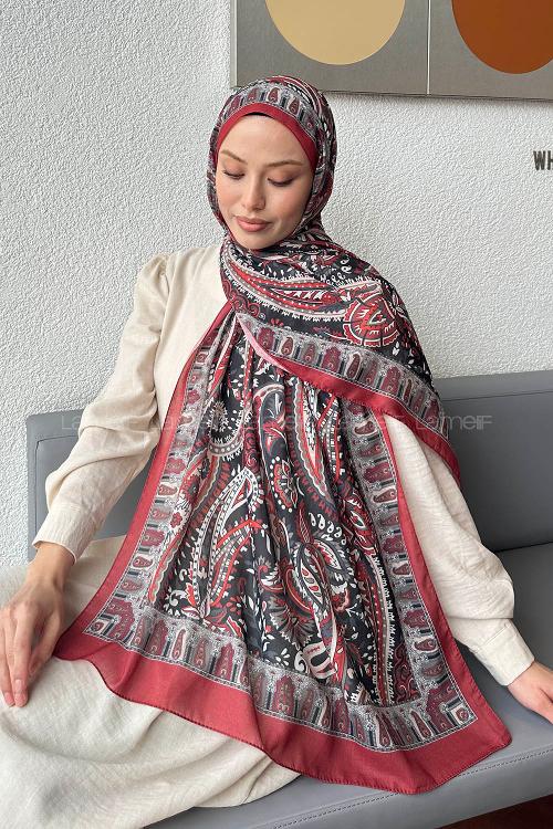 Lamelif Retro Desen Pamuk Şal Bordo