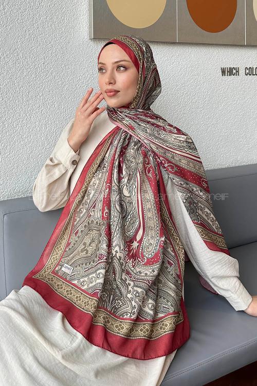 Lamelif Retro Desen Pamuk Şal Bordo