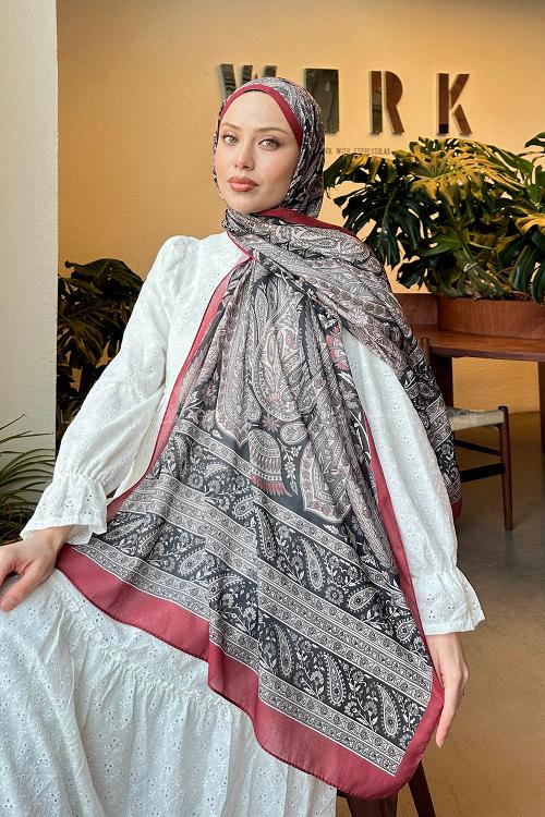 Lamelif Retro Desen Pamuk Şal Bordo