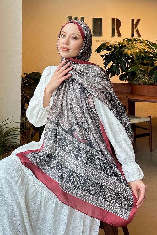 Lamelif Retro Desen Pamuk Şal Bordo