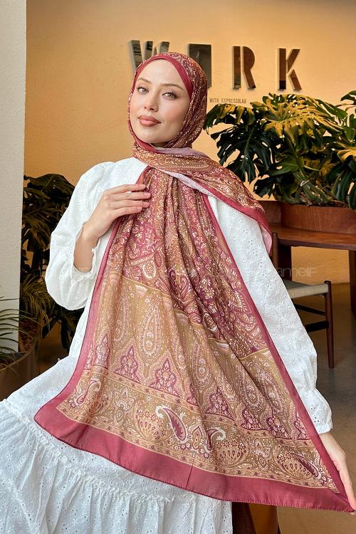 Lamelif Retro Desen Pamuk Şal Bordo