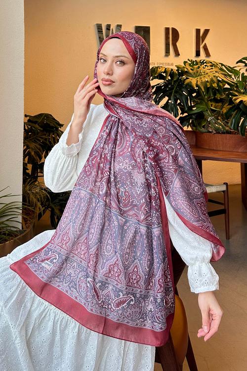 Lamelif Retro Desen Pamuk Şal Bordo