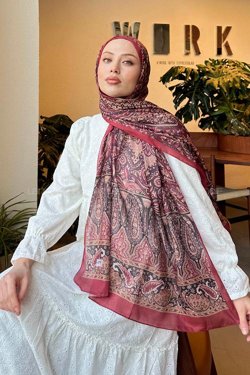 Lamelif Retro Desen Pamuk Şal Bordo