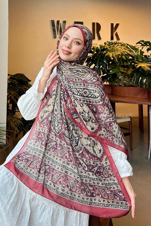 Lamelif Retro Desen Pamuk Şal Bordo