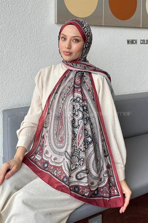 Lamelif Retro Desen Pamuk Şal Bordo