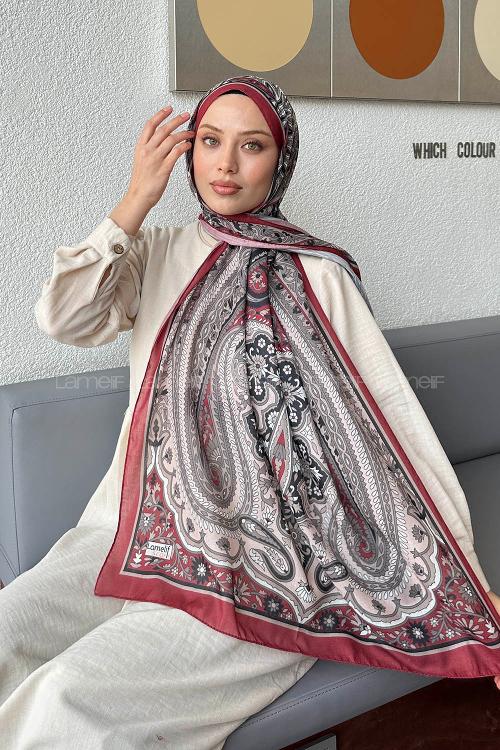 Lamelif Retro Desen Pamuk Şal Bordo