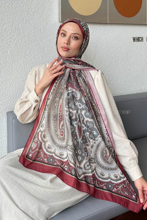 Lamelif Retro Desen Pamuk Şal Bordo