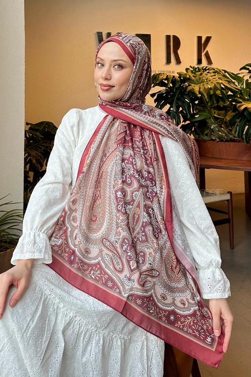 Lamelif Retro Desen Pamuk Şal Bordo