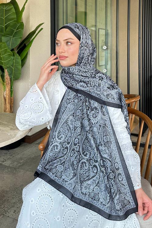 Lamelif Retro Desen Soft Şal Beyaz Siyah