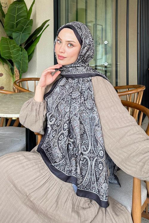 Lamelif Retro Desen Soft Şal Bitter Kahve Bej