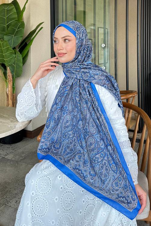 Lamelif Retro Desen Soft Şal Mavi