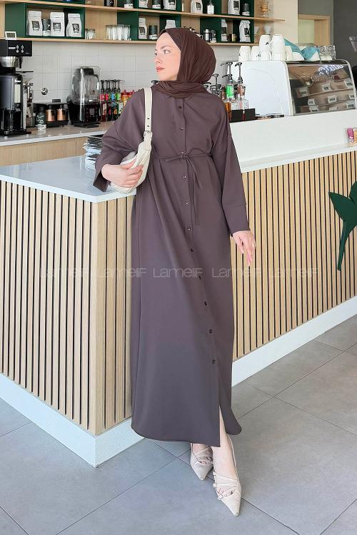 Lamelif Takma Manşet Detaylı Dabıl Tesettür Elbise Kahverengi