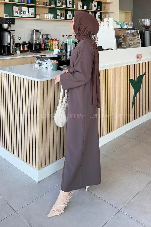 Lamelif Takma Manşet Detaylı Dabıl Tesettür Elbise Kahverengi