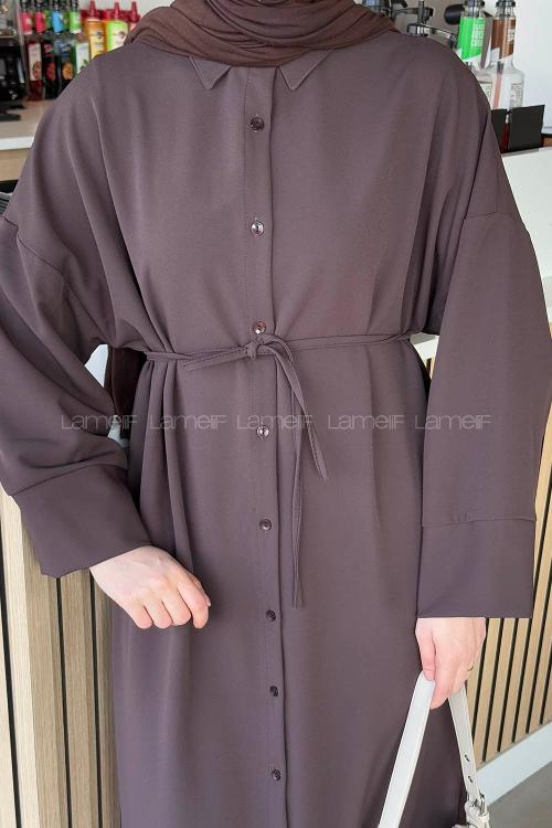 Lamelif Takma Manşet Detaylı Dabıl Tesettür Elbise Kahverengi