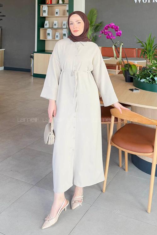Lamelif Takma Manşet Detaylı Dabıl Tesettür Elbise Taş Rengi