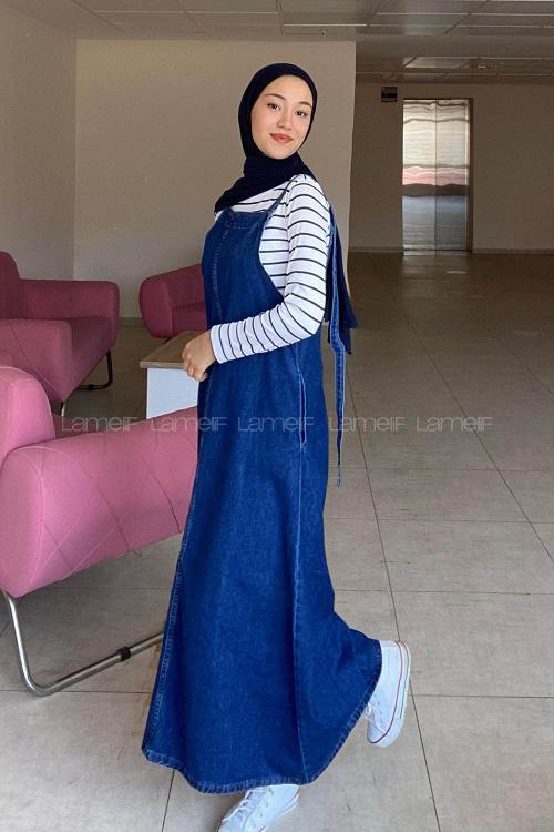 Lamelif Askılı Denim Salopet Elbise Koyu Mavi