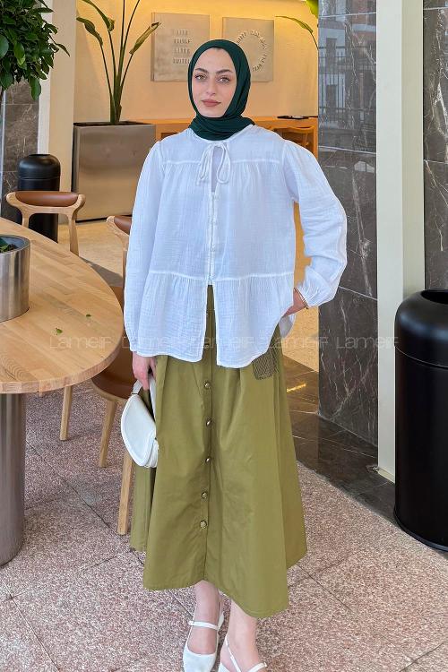 Lamelif V Yaka Kolları Lastikli Müslin Tesettür Gömlek Beyaz