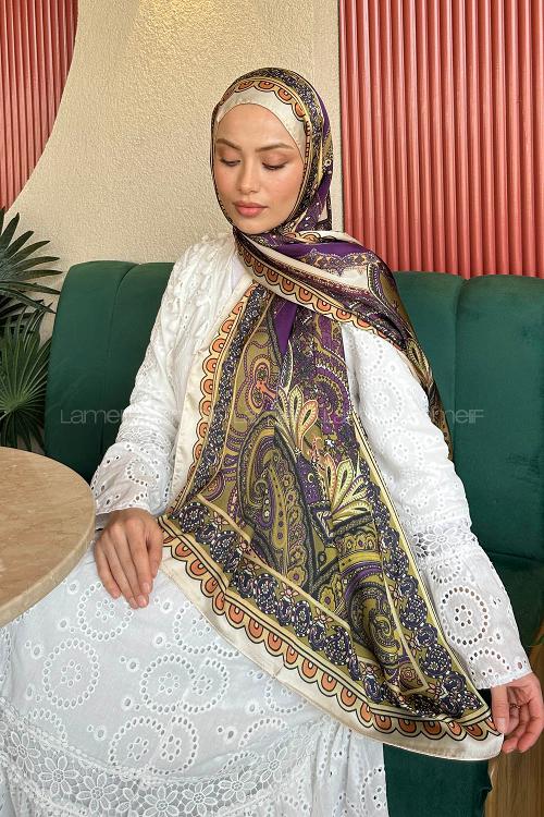 Lamelif  İthal İpeksi Vual Retro Desen Şal Bej Yeşil