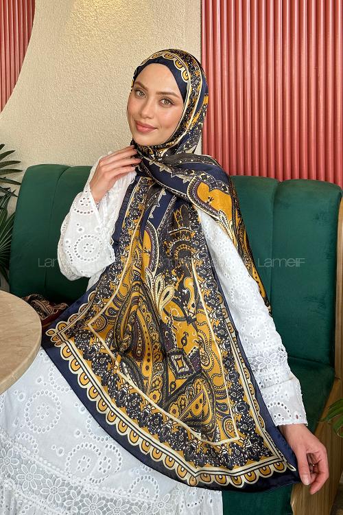 Lamelif  İthal İpeksi Vual Retro Desen Şal Lacivert Gold