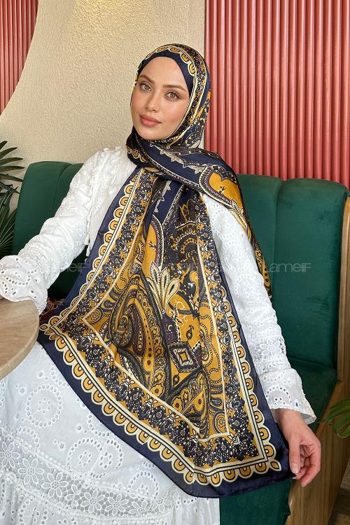 Lamelif  İthal İpeksi Vual Retro Desen Şal Lacivert Gold