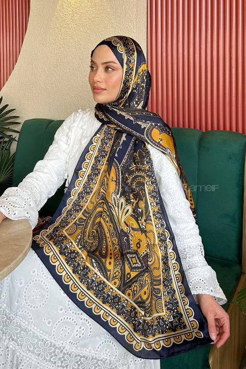 Lamelif  İthal İpeksi Vual Retro Desen Şal Lacivert Gold