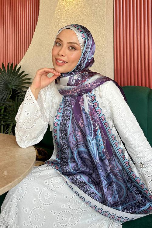 Lamelif  İthal İpeksi Vual Retro Desen Şal Mavi Lila