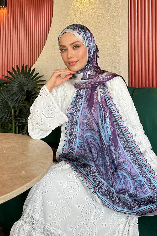 Lamelif  İthal İpeksi Vual Retro Desen Şal Mavi Lila