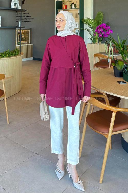 Lamelif Kuşaklı Tesettür Tunik Bordo
