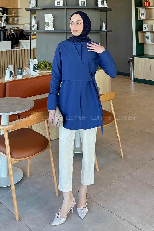 Navy Blue Mandarin Collar Cotton Unprinted Tunic