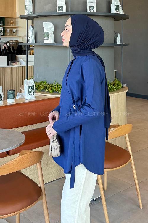 Navy Blue Mandarin Collar Cotton Unprinted Tunic