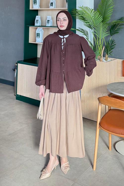 Lamelif V Yaka Kolları Lastikli Müslin Tesettür Gömlek Acı Kahve