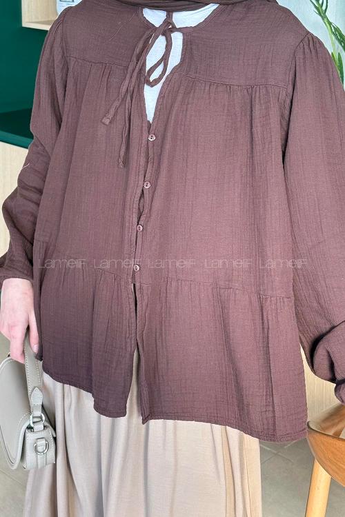 Lamelif V Yaka Kolları Lastikli Müslin Tesettür Gömlek Acı Kahve