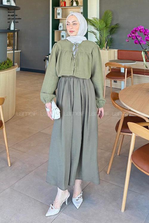 Lamelif V Yaka Kolları Lastikli Müslin Tesettür Gömlek Haki