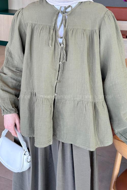 Lamelif V Yaka Kolları Lastikli Müslin Tesettür Gömlek Haki