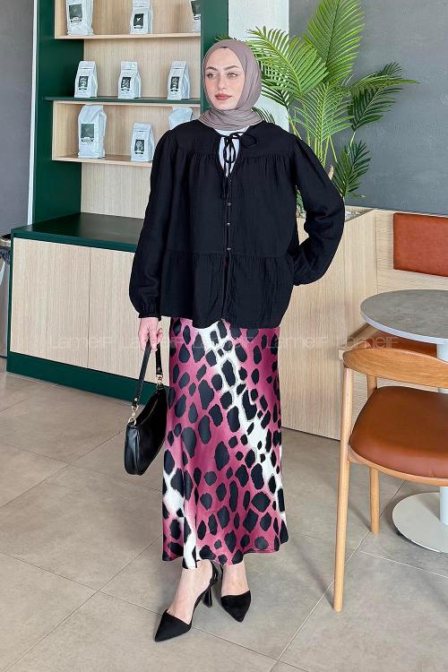 Lamelif V Yaka Kolları Lastikli Müslin Tesettür Gömlek Siyah