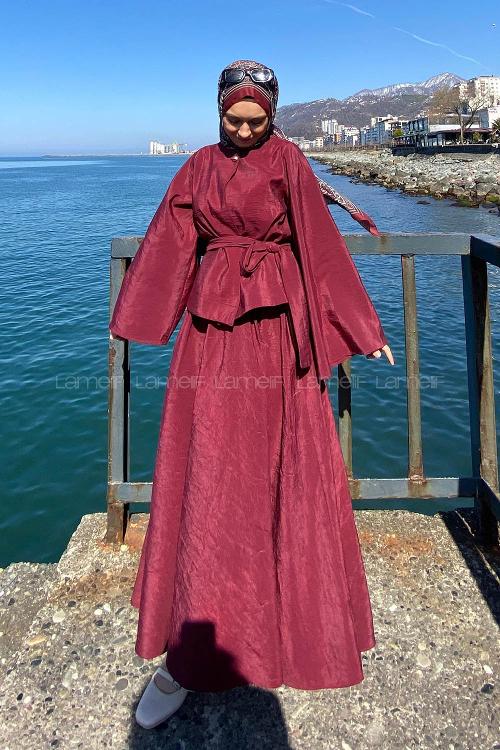 Lamelif Bağcıklı Etek-Bluz İkili Takım Bordo