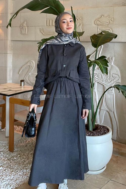 Lamelif Cep Detaylı İkili Etek  Tesettür Takım Antrasit