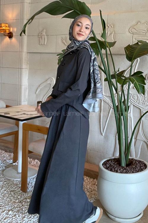 Lamelif Cep Detaylı İkili Etek  Tesettür Takım Antrasit