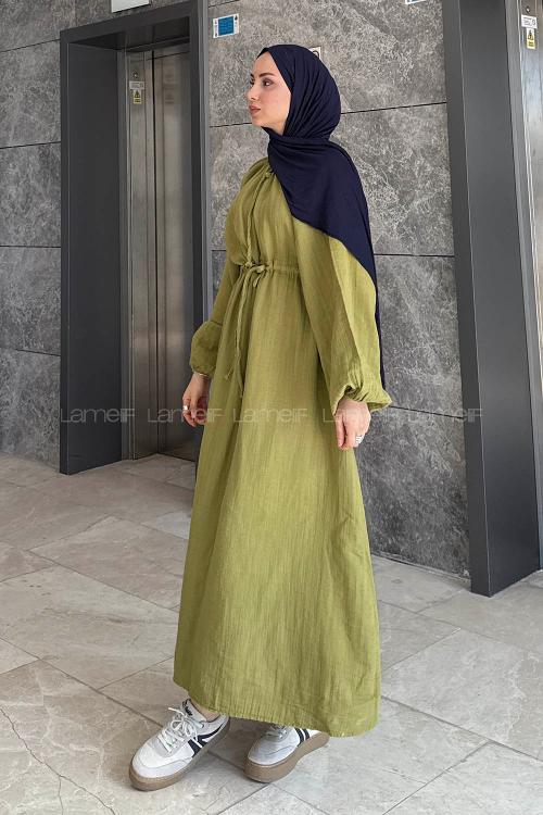 Oil Green Loose Crew Neck Linen Dresess