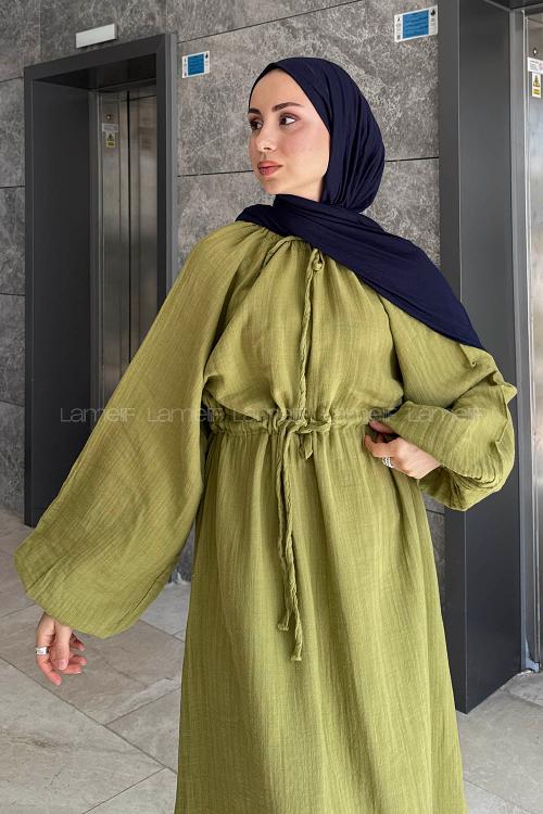 Oil Green Loose Crew Neck Linen Dresess